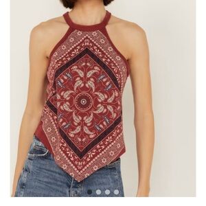 Shyanne Brick Red Bandana Print Western boho Halter Graphic Cotton Tank large